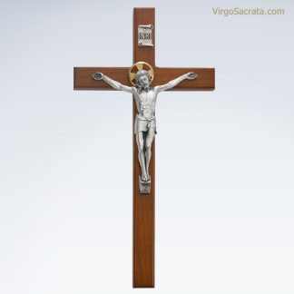Crucifix mural 13″ avec corpus argenté et halo doré