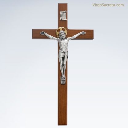 Crucifix mural 13″ avec corpus argenté et halo doré