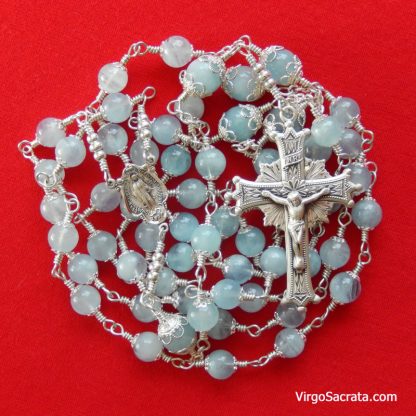 Miraculous Medal Aquamarine Gemstone Rosary in Sterling Silver