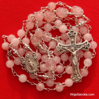 Sterling Silver Madagascar Rose Quartz Miraculous Medal Rosary with Fleur-de-Lys Crucifix